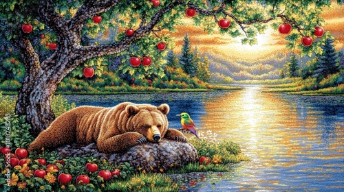 A brown bear rests on a rock by a lake, surrounded by apple trees, with a colorful bird perched on a branch. photo