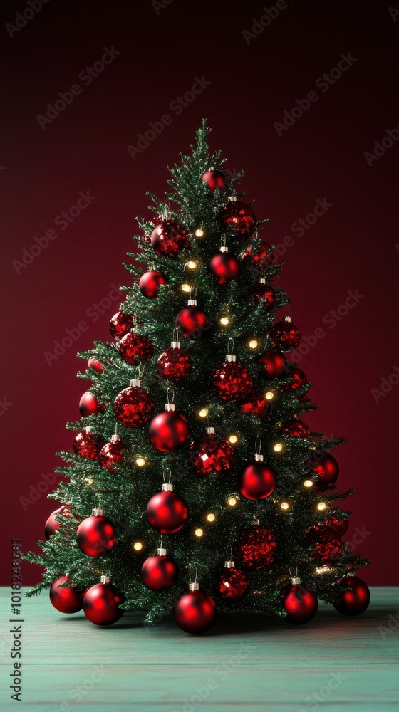 Decorative Christmas tree with red ornaments and lights, resting on a mint table with a deep burgundy background, copy space, Merry Christmas background, holiday tree decor, festive home ad Decorative Christmas tree with red ornaments and lights, resting on a mint table with a deep burgundy background, copy space, Merry Christmas background, holiday tree decor, festive home ad