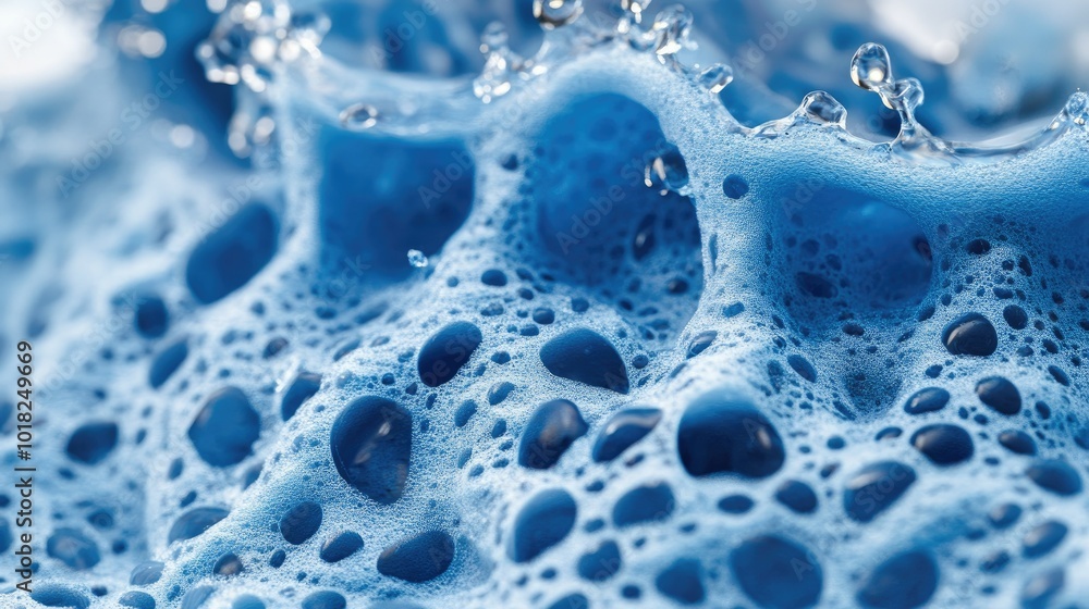 Close-up of a blue sponge mid-absorption, pulling water into its textured surface with droplets forming around. Close-up of a blue sponge mid-absorption, pulling water into its textured surface with droplets forming around.