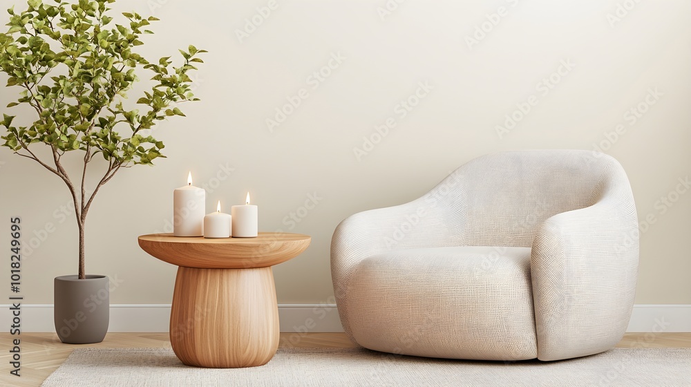 Modern oak side table with plush armchair and candles. Modern oak side table with plush armchair and candles.