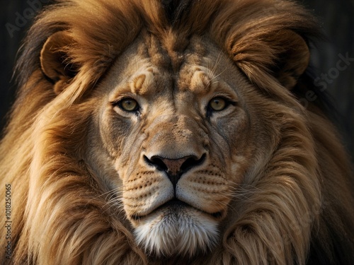 Majestic Lion with Thick Mane and Intense Gaze Symbolizing Strength