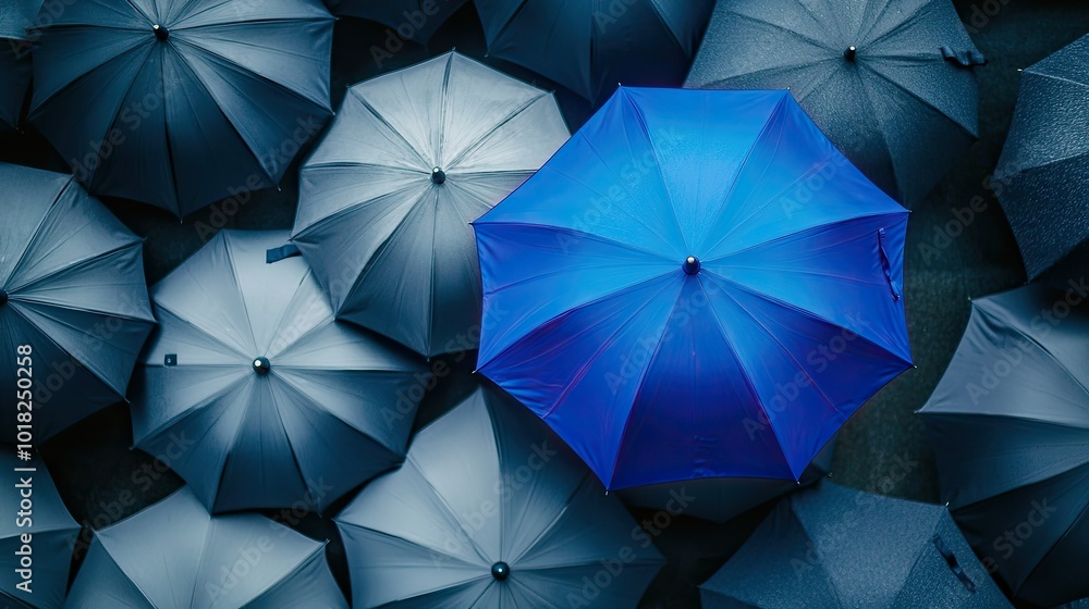 Close-up of a blue umbrella shining brightly against gray umbrellas, symbolizing resilience and protection in business. Close-up of a blue umbrella shining brightly against gray umbrellas, symbolizing resilience and protection in business.
