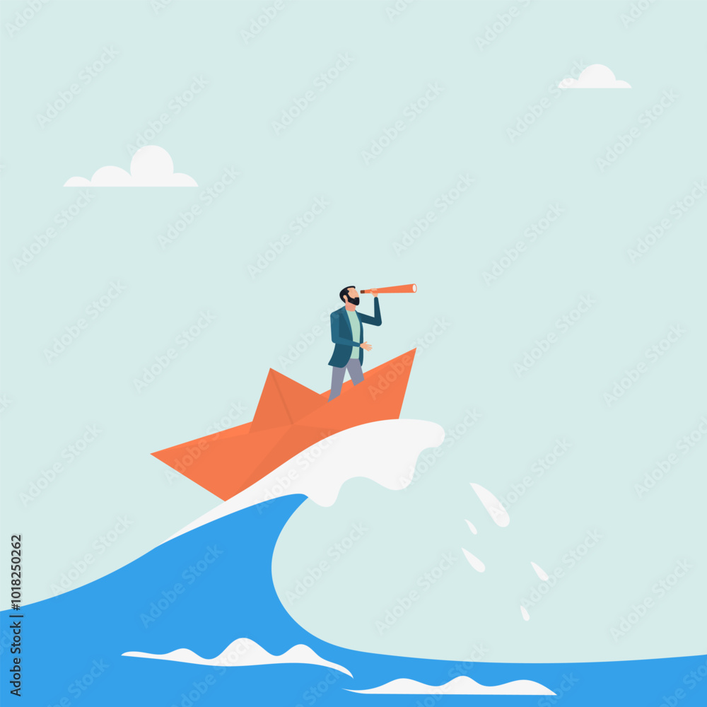 Character surfing the sea waves on a paper boat. Deal with crises with patience and foresight. Vector illustration.
Character surfing the sea waves on a paper boat. Deal with crises with patience and foresight. Vector illustration.