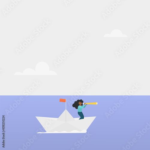 A business leader looks through binoculars at paper boats, challenging the crisis. Vector illustration.
