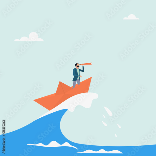 Character surfing the sea waves on a paper boat. Deal with crises with patience and foresight. Vector illustration.
