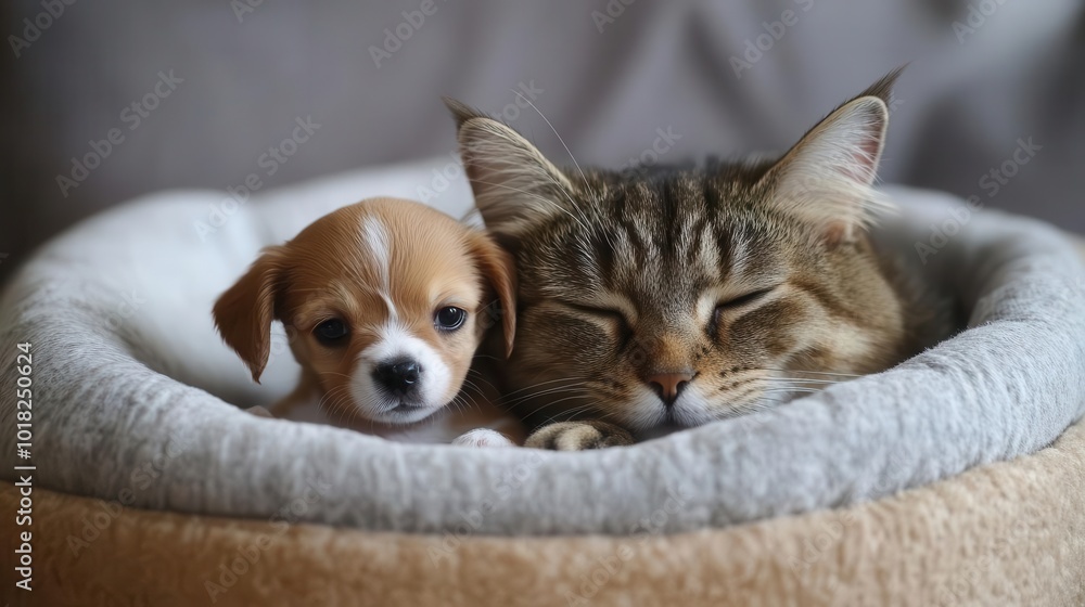 A cat sharing its bed with a tiny puppy, both resting in a cute display of trust and friendship A cat sharing its bed with a tiny puppy, both resting in a cute display of trust and friendship