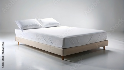 Minimalistic bed with white fitted sheet made of cotton satin lyocell or polyester on isolated white background photo