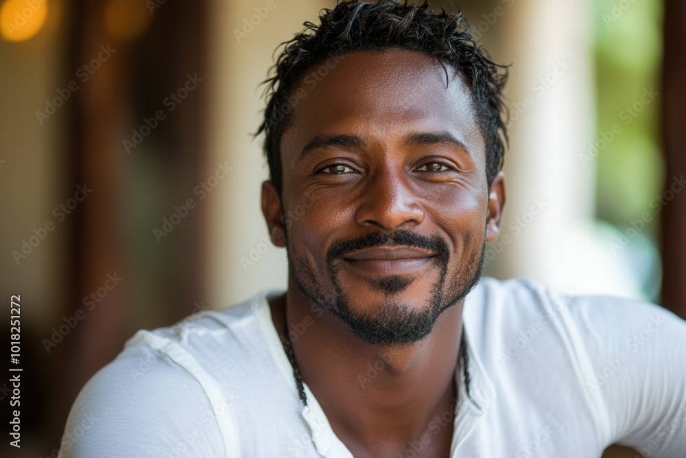 Fototapeta premium A cheerful man with curly hair and a confident expression sits comfortably, showcasing his friendly demeanor. The warm indoor lighting enhances the inviting atmosphere, making it a moment of genuine c
