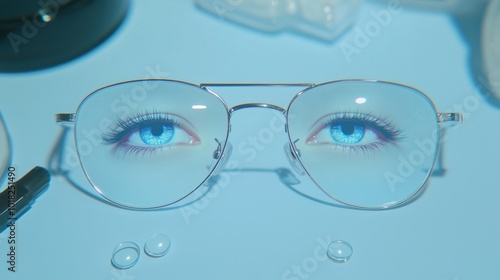 Vision and eye care essentials: glasses, contact lenses, and eye test chart on blue photo