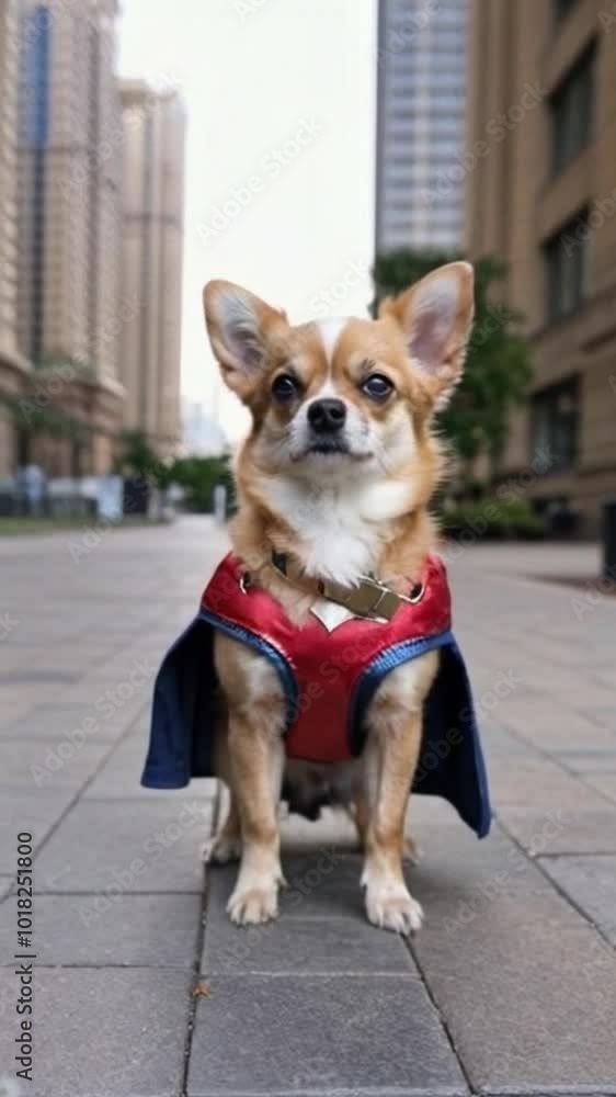 A tiny Chihuahua dressed in a superhero costume, complete with a cape, standing proudly on a sidewalk with tall buildings behind A tiny Chihuahua dressed in a superhero costume, complete with a cape, standing proudly on a sidewalk with tall buildings behind