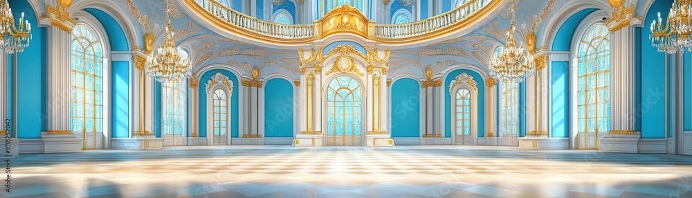 Obraz premium Baroque palace with lavish interiors, chandeliers, and golden detailing, dramatic lighting, photorealistic