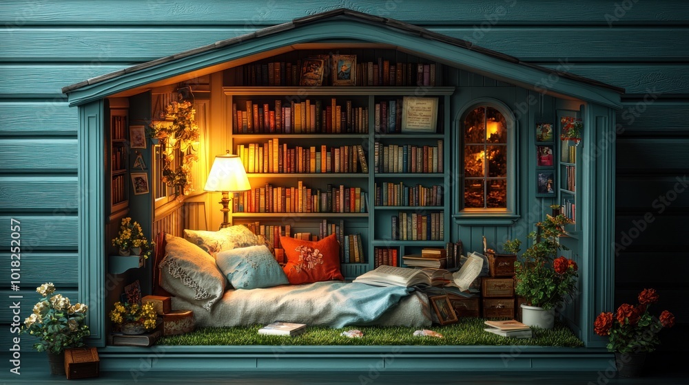 Cozy reading nook with books, plants, and soft lighting. Cozy reading nook with books, plants, and soft lighting.