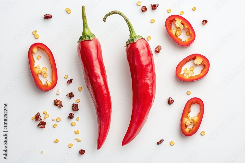 Flat lay (top view) of Two Red chili peppers with sliced isolated on white background - generative ai Flat lay (top view) of Two Red chili peppers with sliced isolated on white background - generative ai