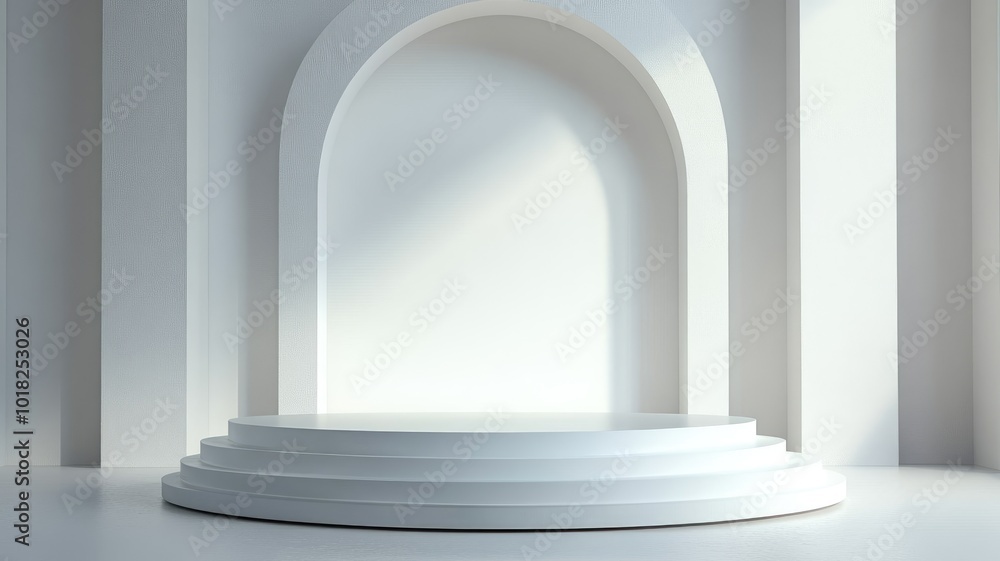 Minimalist White Platform with Archway and Textured Walls Minimalist White Platform with Archway and Textured Walls