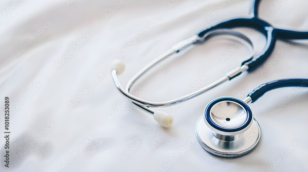 A soft blurred stethoscope lying on a white background creates a clean, professional appearance, ideal for medical or healthcare themes A soft blurred stethoscope lying on a white background creates a clean, professional appearance, ideal for medical or healthcare themes