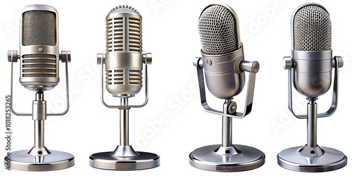set of Podcast microphone with stand isolated on white background.AI GENERATED