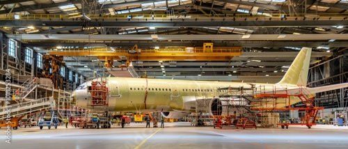 A plane under construction dominates the hangar space, surrounded by scaffolding and tools, highlighting the complexity and grandeur of aircraft assembly.