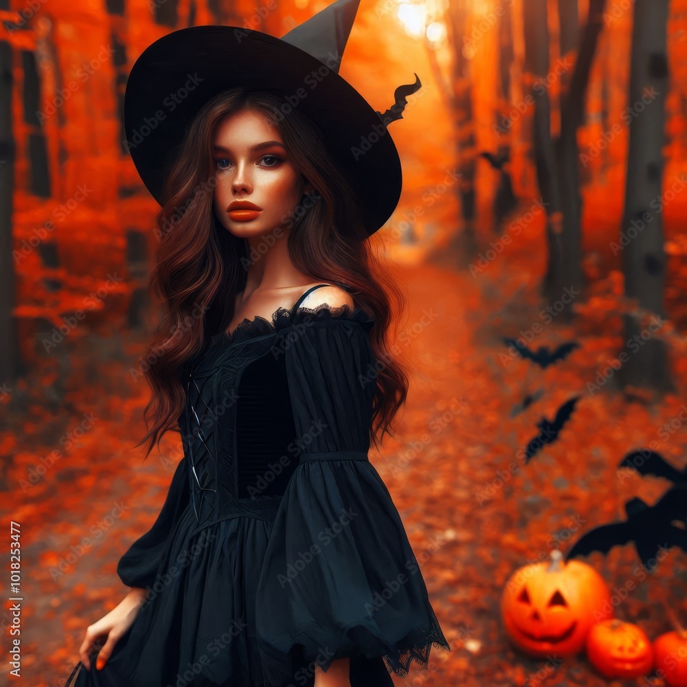 Young attractive witch walks in an orange forest during the autumn season. Helloween design. Young attractive witch walks in an orange forest during the autumn season. Helloween design.