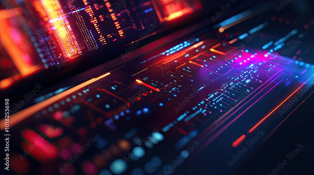 Close-up of a modern laptop with a futuristic technology screen, glowing with holographic data and smart digital elements Close-up of a modern laptop with a futuristic technology screen, glowing with holographic data and smart digital elements