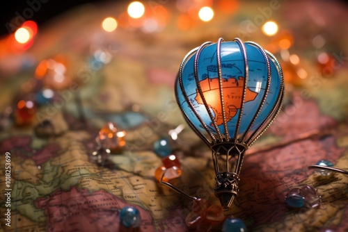 Colorful Hot Air Balloon on Vintage Map Background