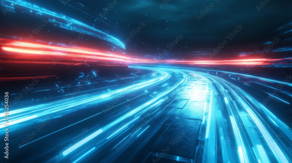 Obraz premium Abstract digital art with glowing blue and red streaks on a black background
