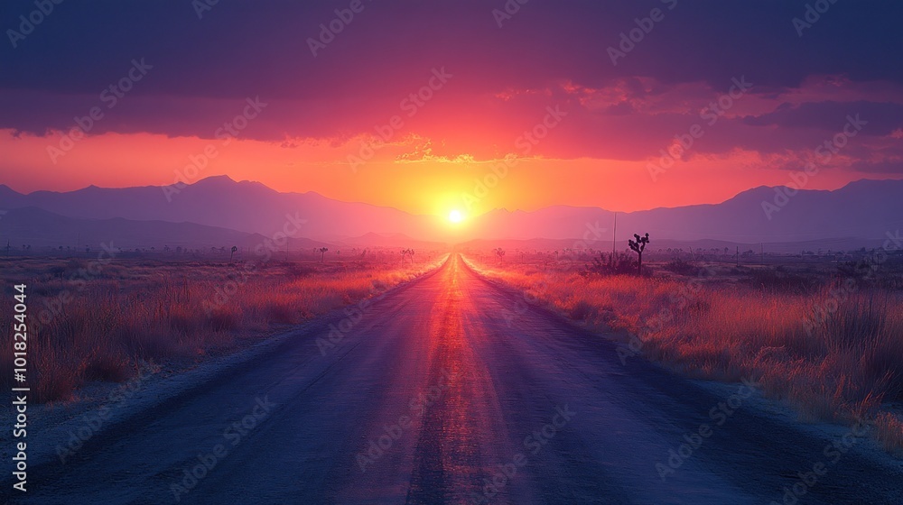 Fototapeta premium A serene sunset over a long, empty road in a desert landscape.