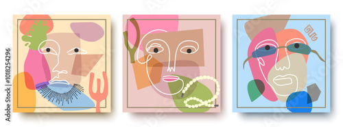 Colorful abstract background of faces. Vector design of geometric shapes and lines in the cubist style