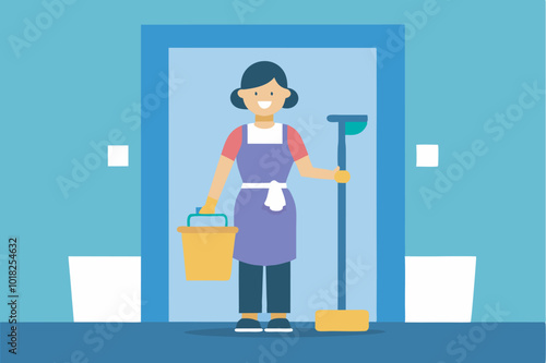A woman in a white apron and purple dress holds a mop and bucket in a light-filled room, surrounded by a clean and warm atmosphere.