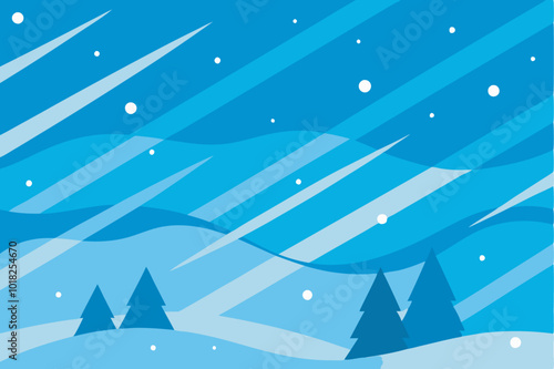 A wintery scene with snow-covered ground, three conifer trees, and starry sky. Snowflakes and cold colors evoke a clear winter night ambiance.
