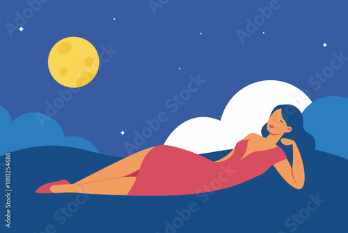 A serene nocturnal scene: a woman in a red dress lies on grass, gazing at stars and a full moon, exuding tranquility and contemplation.
