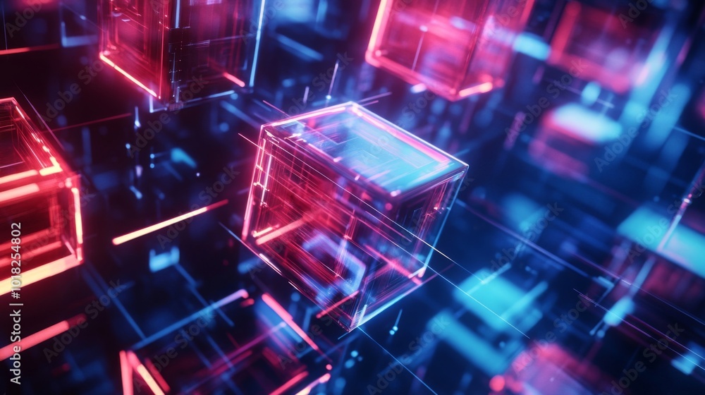 Abstract Digital Cubes with Red and Blue Neon Lights Abstract Digital Cubes with Red and Blue Neon Lights