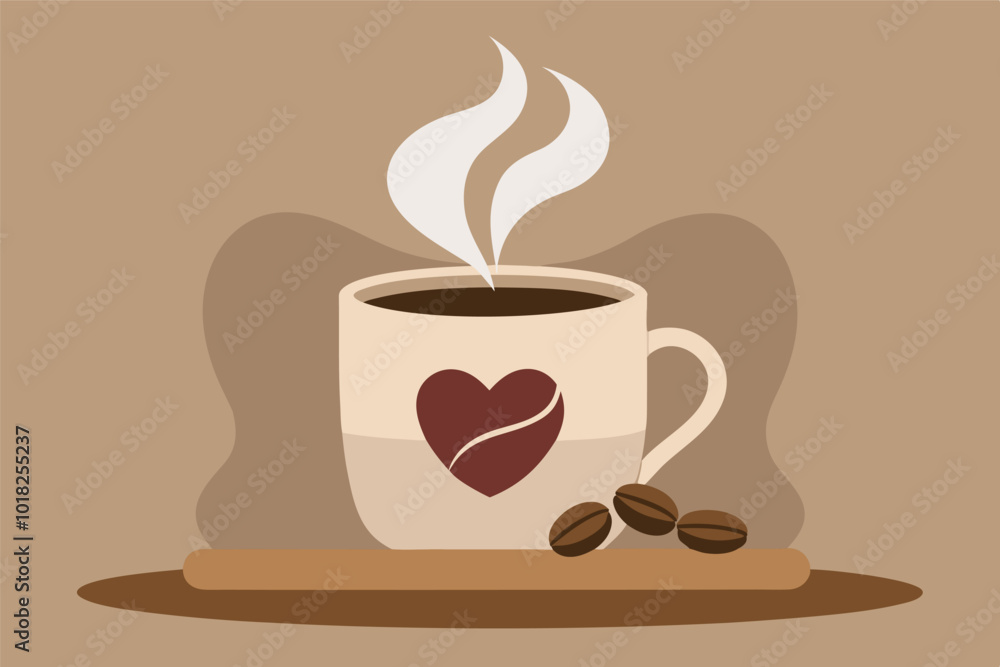 Obraz premium White coffee cup with heart design, filled with black coffee. Beans scattered around against brown background, creating cozy vibe.
