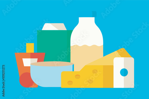 Assorted dairy products on blue background: 2 milk containers, carton, glass of milk, cheese block, yogurt box. Simple display highlights dairy items.