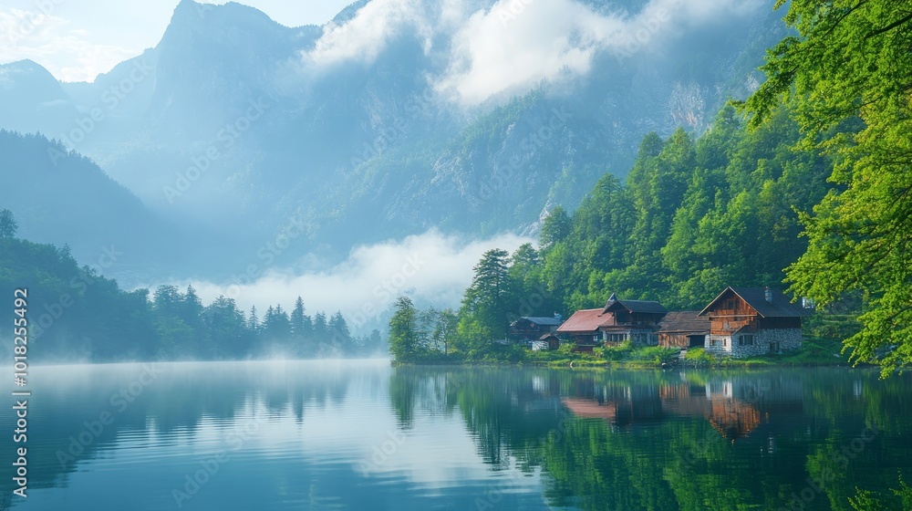 Fototapeta premium A picturesque alpine lake nestled amidst lush green forests and majestic mountains, shrouded in morning mist, creating a serene and tranquil scene.