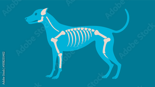 An x-ray effect illustration of a dog in profile, showing its skeleton against a teal background.
