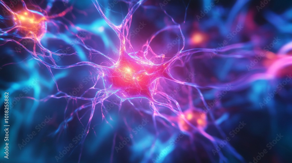 Fototapeta premium A Close-Up of a Neuron with Bright Pink and Blue Filaments