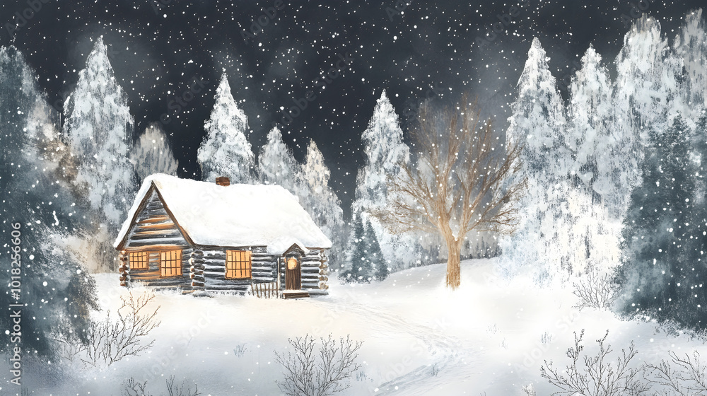 A cozy log cabin is surrounded by a snowy landscape, with trees covered in frost and softly falling snowflakes creating a serene winter atmosphere A cozy log cabin is surrounded by a snowy landscape, with trees covered in frost and softly falling snowflakes creating a serene winter atmosphere