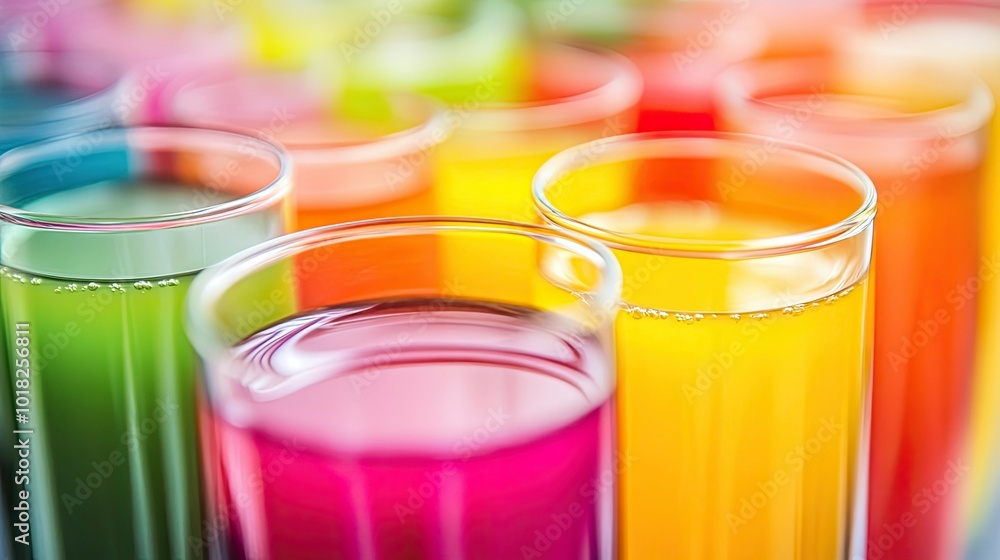 Close-up of glasses filled with a rainbow of colorful fruit and vegetable juices. Close-up of glasses filled with a rainbow of colorful fruit and vegetable juices.