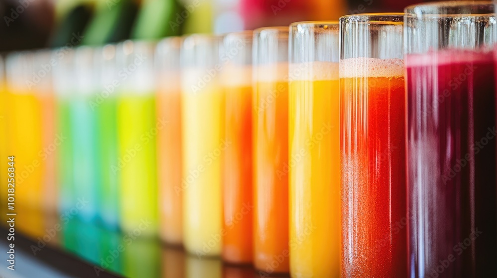 Close-up of glasses filled with a rainbow of colorful fruit and vegetable juices. Close-up of glasses filled with a rainbow of colorful fruit and vegetable juices.