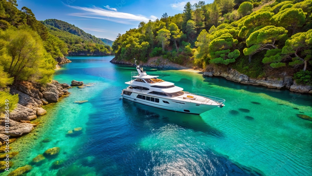 Naklejka premium A white yacht gracefully navigates a secluded cove, its sleek hull cutting through the crystal-clear turquoise water, surrounded by lush, verdant hillsides.