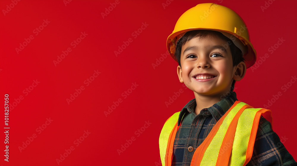 Smiling young boy wearing a construction helmet and safety vest against a bright red background. Smiling young boy wearing a construction helmet and safety vest against a bright red background.