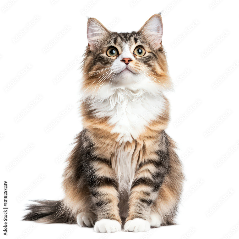 A cat with a long tail and white paws is sitting on a white background. The cat has a curious expression on its face, looking up at the camera A cat with a long tail and white paws is sitting on a white background. The cat has a curious expression on its face, looking up at the camera