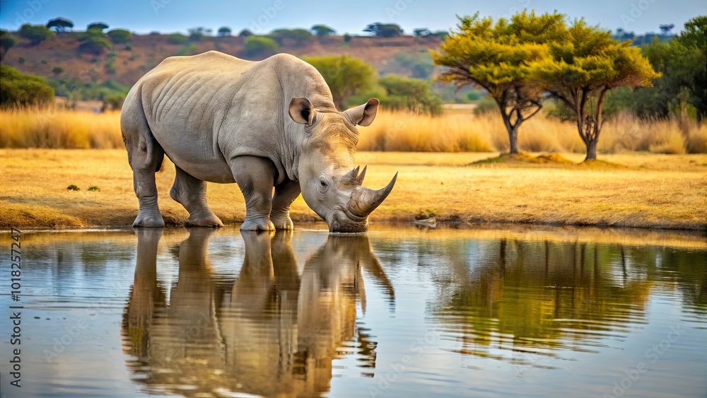 A White Rhino Drinks From a Still Pool of Water, Reflecting the Golden Light of the Setting Sun A White Rhino Drinks From a Still Pool of Water, Reflecting the Golden Light of the Setting Sun