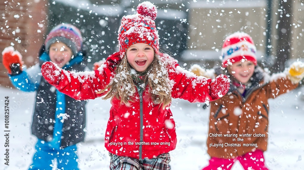 Children playing in the snow together With the background illuminated by falling snow. Children playing in the snow together With the background illuminated by falling snow.
