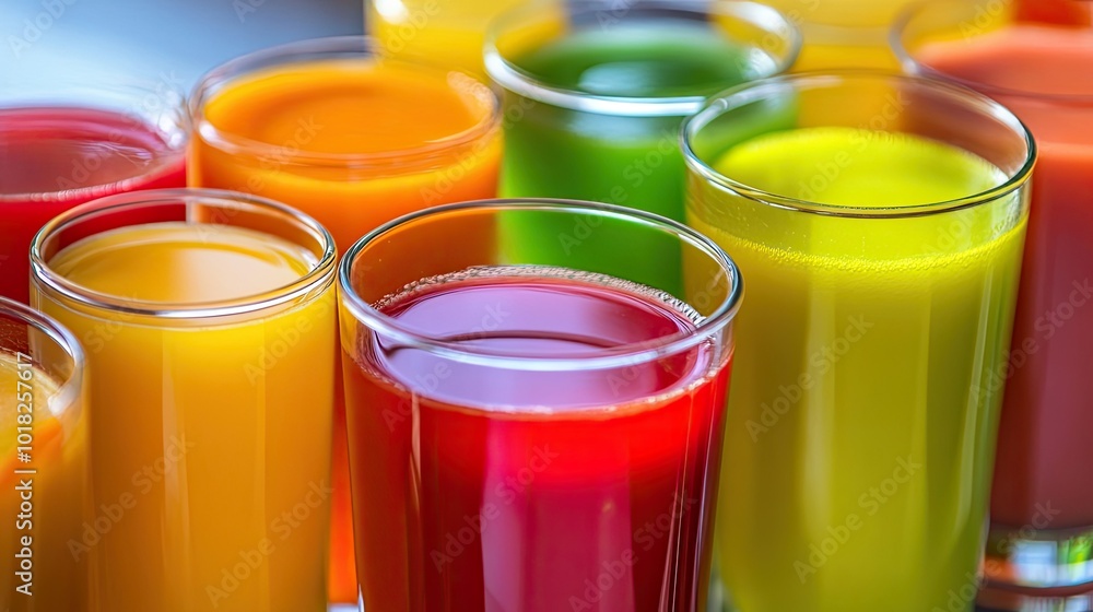 Close-up of multiple glasses filled with different colored fruit and vegetable juices, set against a simple backdrop. Close-up of multiple glasses filled with different colored fruit and vegetable juices, set against a simple backdrop.