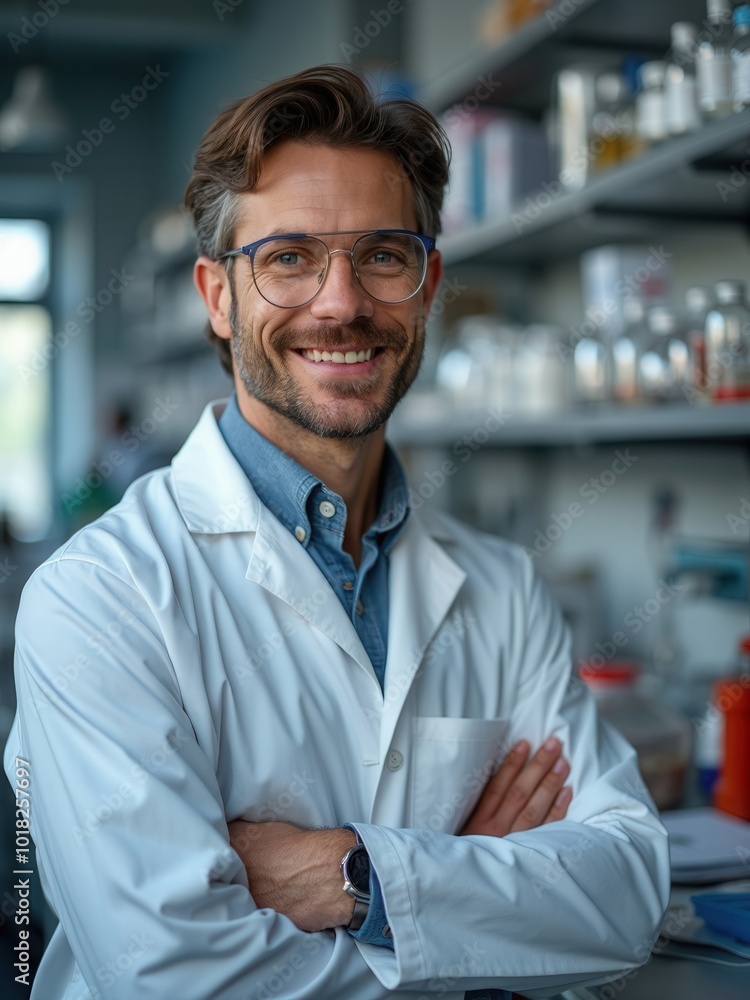A confident scientist wearing a lab coat stands proudly inside a bustling research facility, surrounded by shelves filled with scientific equipment, conveying innovation. A confident scientist wearing a lab coat stands proudly inside a bustling research facility, surrounded by shelves filled with scientific equipment, conveying innovation.
