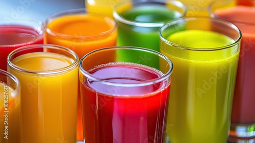 Close-up of multiple glasses filled with different colored fruit and vegetable juices, set against a simple backdrop.