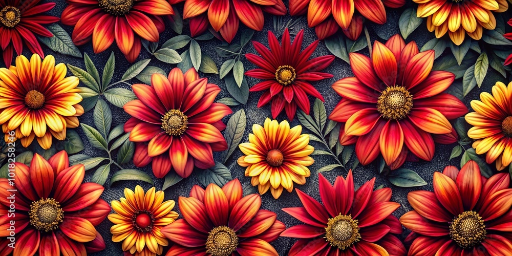 A vibrant tapestry of red and yellow blossoms intertwined with lush green leaves, showcasing the captivating beauty of nature's artistry. A vibrant tapestry of red and yellow blossoms intertwined with lush green leaves, showcasing the captivating beauty of nature's artistry.