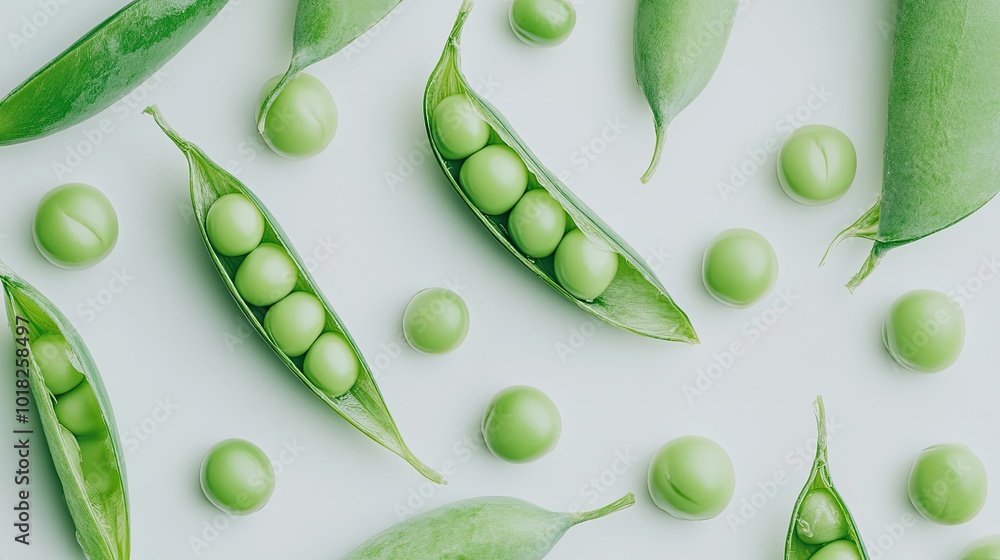 Close-up of vibrant green pea seeds on a smooth white background, some still in their pods. Close-up of vibrant green pea seeds on a smooth white background, some still in their pods.