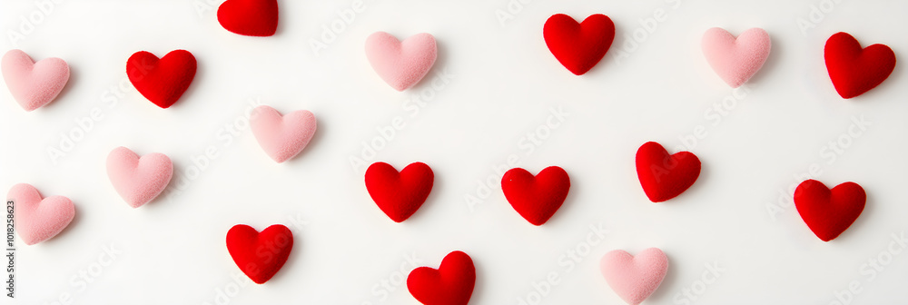 Minimalistic red and pink hearts scattered across a white background creating a gentle and romantic atmosphere Minimalistic red and pink hearts scattered across a white background creating a gentle and romantic atmosphere